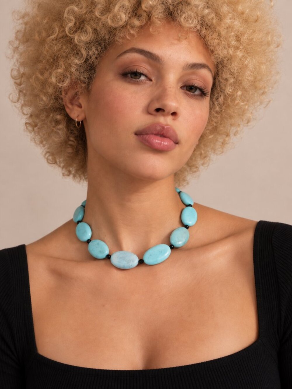 Vintage Turquoise Blue Stone Choker Necklace Black Beads Statement Boho 14"